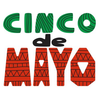 Cinco de Mayo el yapımı vektör çizimi. Yeşil, kırmızı ve siyah renklerden desenli süslemeli kelimeler.
