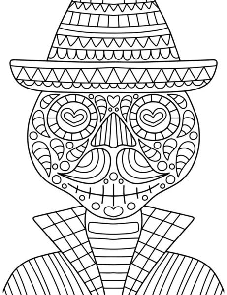 缪尔托斯骷髅 带有胡须和帽子矢量图解 成人垂直可打印页面矢量用手绘黑色轮廓装饰骨架着色页 — 图库矢量图片