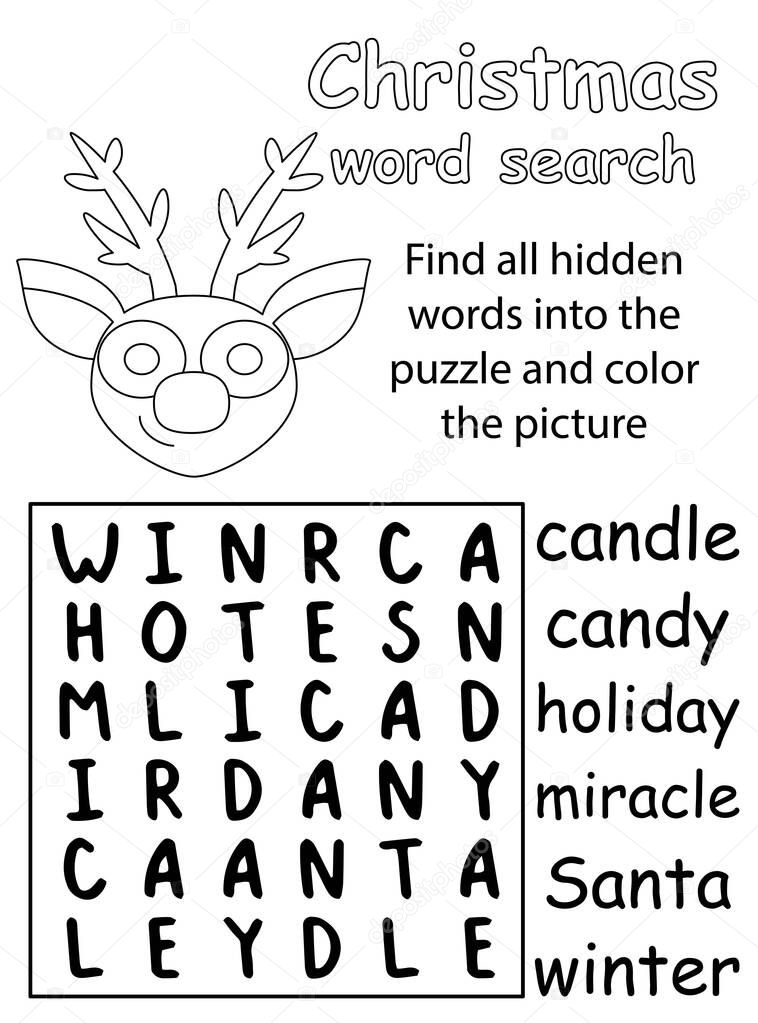 Christmas word search puzzle black and white vector illustration. Find all hidden words into the puzzle and color the reindeer