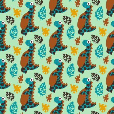 Şirin tyrannosauruslar ve tropikal yapraklar desen vektörü. Vahşi bir tropikal ormanda el yapımı mutlu dinazorlar. Çocuk kıyafetleri, yastıklar ve daha fazlası için mükemmel.