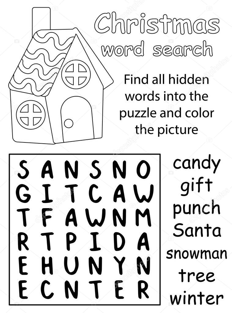 Christmas word search puzzle black and white activity page for children vector illustration. Find all hidden words into the puzzle and color the gingerbread house. Simple word game for kids in English