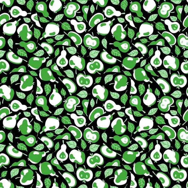 Зеленые яблоки и груши с листьями на черном бесшовном векторе рисунка — стоковый вектор