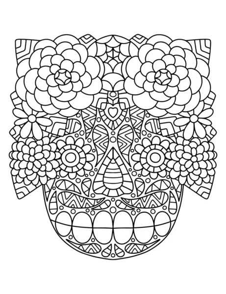 Happy Dia de los Muertos crâne avec une couronne de fleurs illustration vectorielle linéaire — Image vectorielle