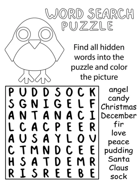 Wintervakantie Woord Zoeken Puzzel Met Schattige Pinguïn Vector Illustratie Verticaal — Stockvector