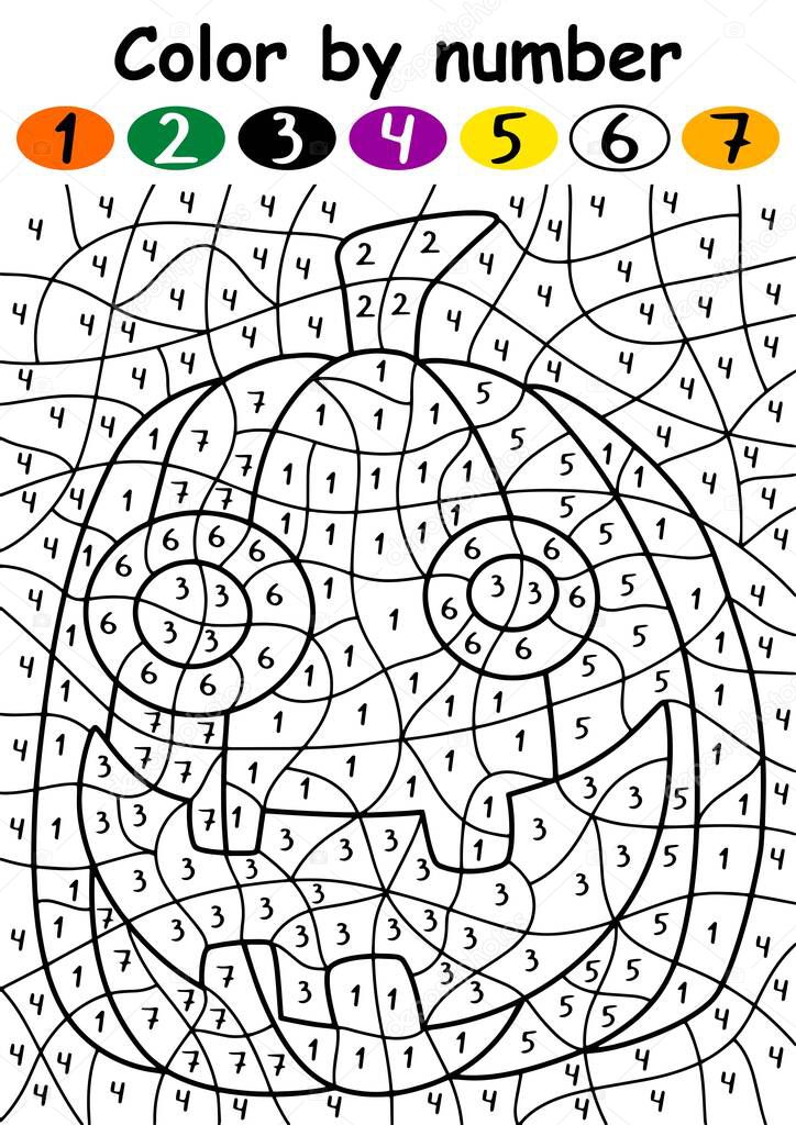 Halloween Jack O'Lantern color by number vector illustration. Funny cartoon pumpkin with crazy smile printable activity page for kids with numbers from 1 to 7