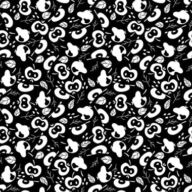 Siyah ve beyaz, tek renkli, dikişsiz desen vektörü. Tarz verilmiş elma ve dilimler, siyah, beyaz ve gri renklerde tohumlar ve yapraklar. Ev dekorasyonu, kıyafetler ve daha fazlası için mükemmel.