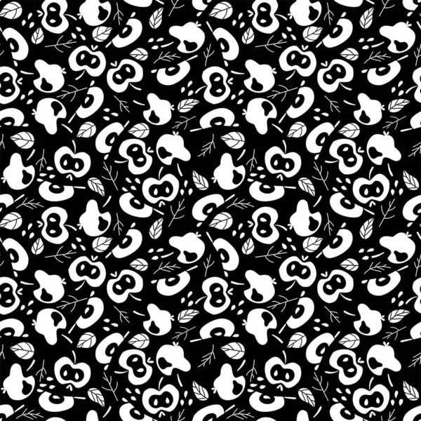 Siyah ve beyaz, tek renkli, dikişsiz desen vektörü. Tarz verilmiş elma ve dilimler, siyah, beyaz ve gri renklerde tohumlar ve yapraklar. Ev dekorasyonu, kıyafetler ve daha fazlası için mükemmel.