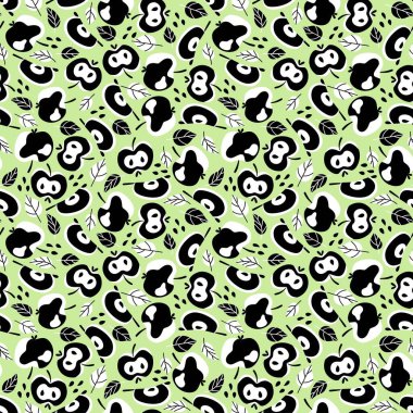 Açık yeşil, pürüzsüz desen vektöründe siyah ve beyaz elma, yaprak ve tohumlar. Çılgın stilize meyve kaotik dikişsiz doku 