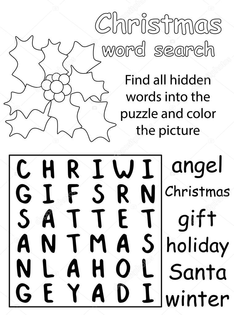 Christmas word search puzzle for kids black and white version with coloring page vector illustration. Find all hidden words into the puzzle and color the picture