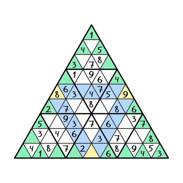 Grand jeu de sudoku triangulaire pour les débutants illustration vectorielle. Puzzle numérique coloré pour enfants page d'activité imprimable — Image vectorielle