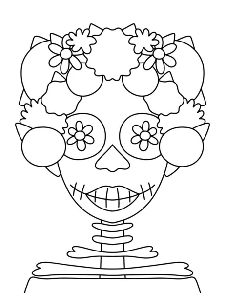 Ручной рисунок скелета леди с цветочным венком линейной векторной иллюстрацией — стоковый вектор