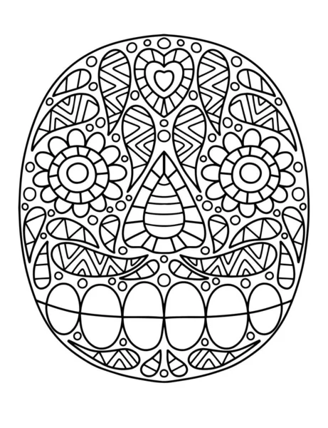 死んだベクトルイラストの日のための装飾着色ページを持つ幸せな頭蓋骨 白地に描かれた手描きの花頭蓋骨線形イラスト — ストックベクタ