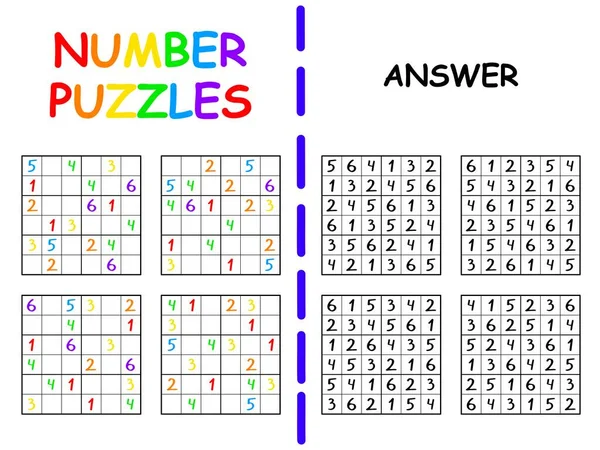Eenvoudige 6 bij 6 sudoku set met antwoord voor kinderen vector illustratie — Stockvector