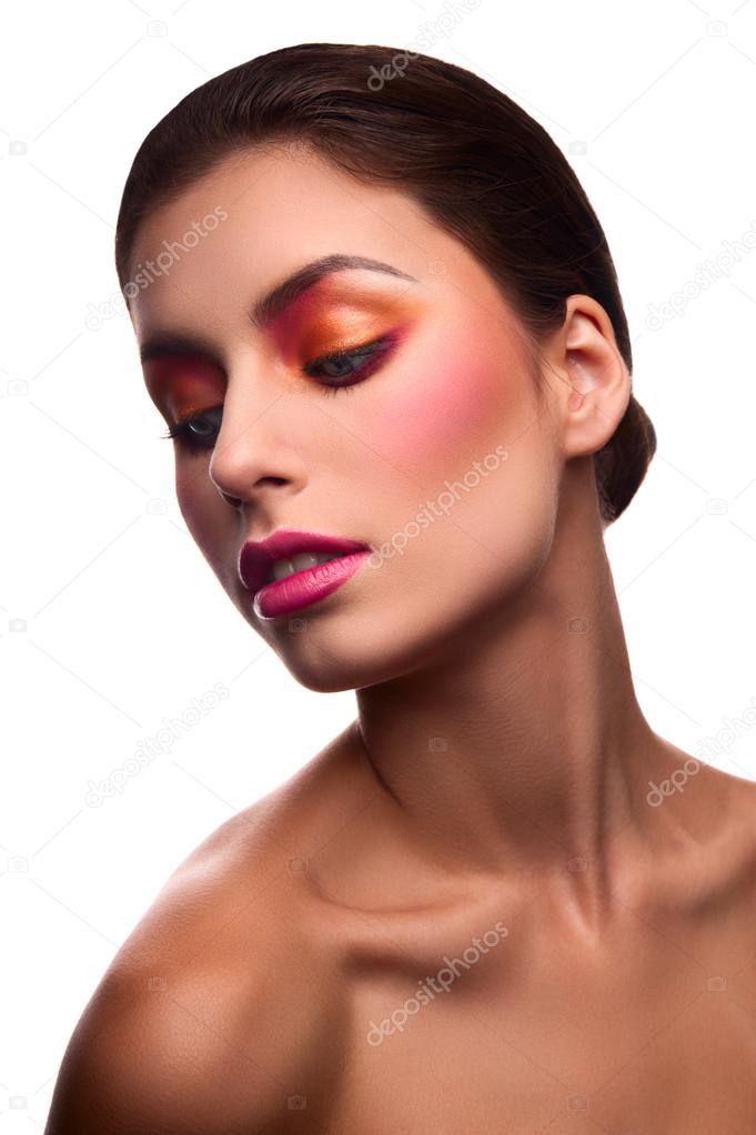 Beauty fashion model with pink lips on isolated background
