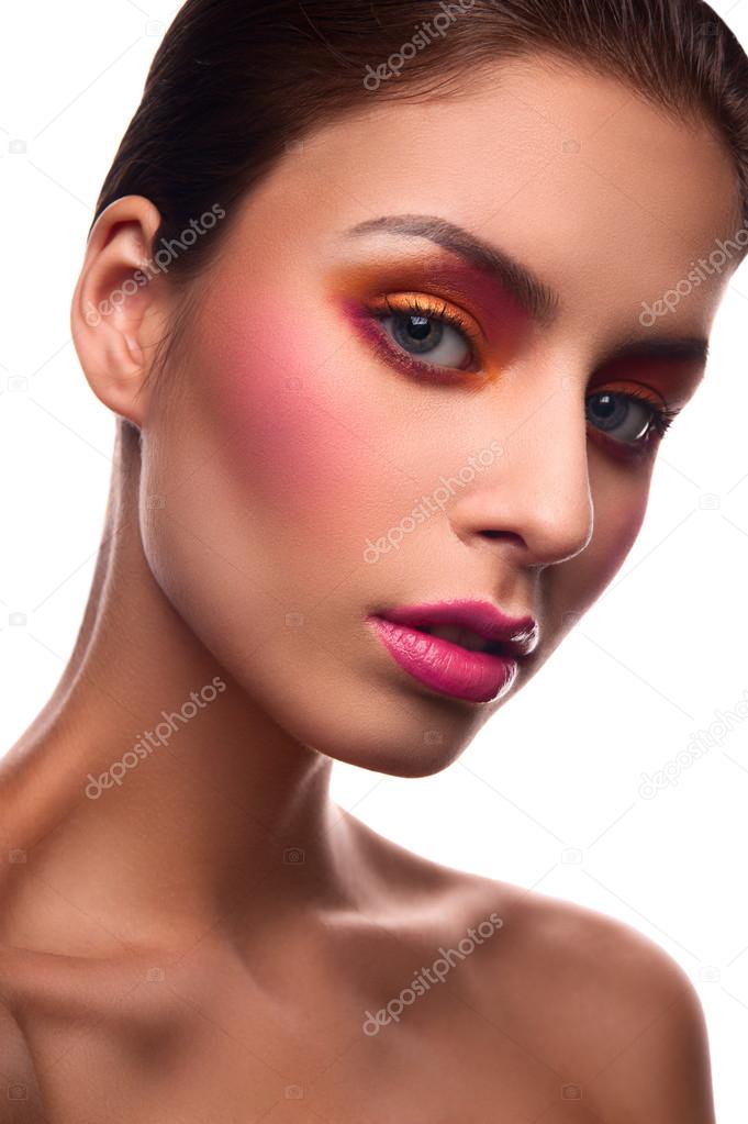 Beauty fashion model with pink blush and lips