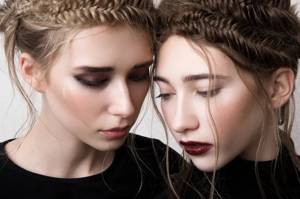 Retrato de cerca de dos modelos de belleza con trenzas — Foto de Stock