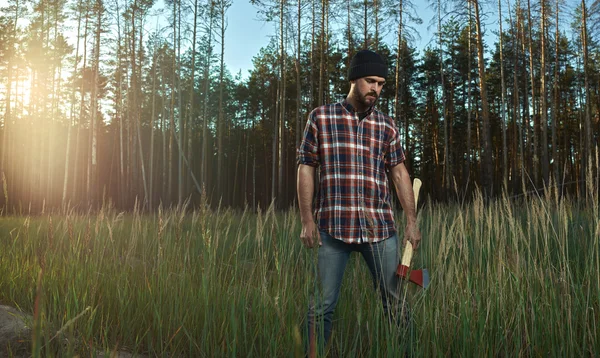 Bearded Lumberjack in Hat looking down — Stock Photo, Image