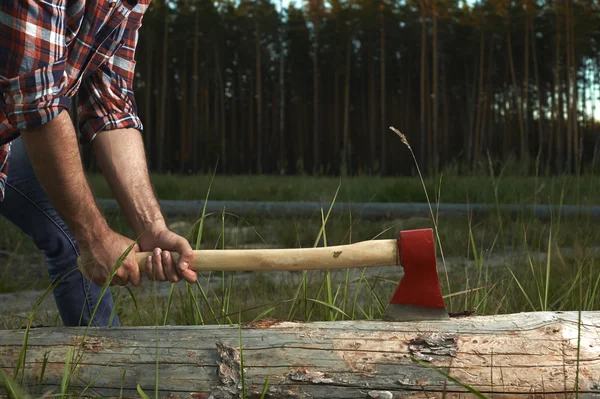 Hands of Lumberjack with Axe — Stock Photo, Image