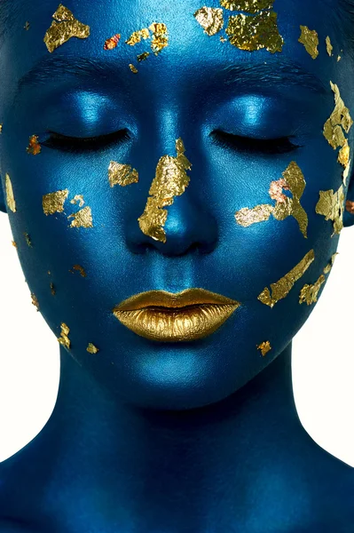 Beauty fashion Girl with closed Eyes, blue Paint on Skin — Stock Photo, Image