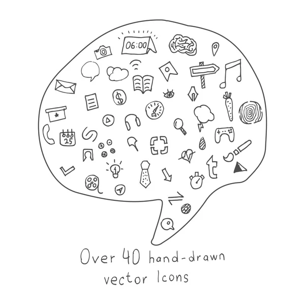 Coleção de mais de 40 Ícones desenhados à mão em diferentes tópicos — Vetor de Stock
