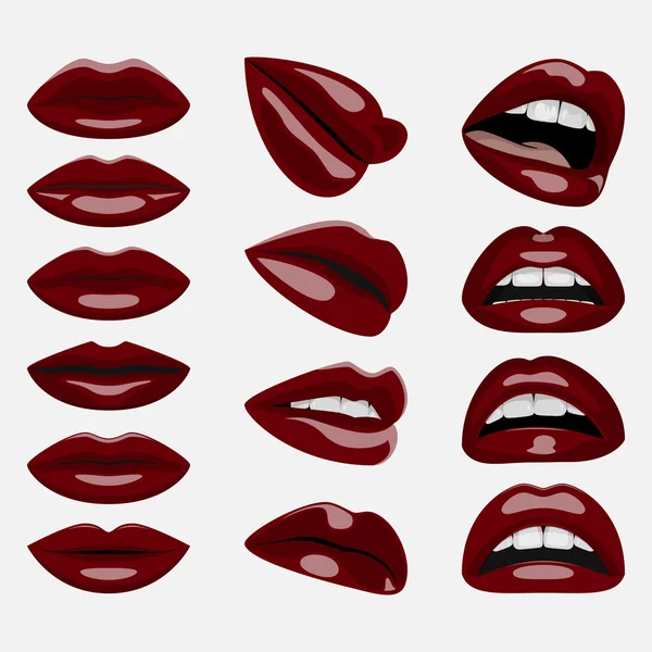 Set of glossy dark red Lips — Stock Vector