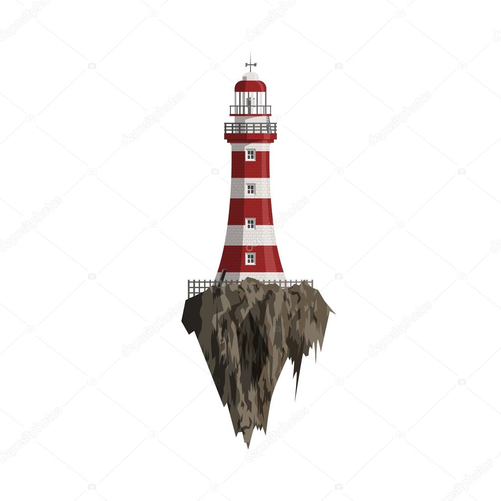 Cartoon red striped Lighthouse on flying Island