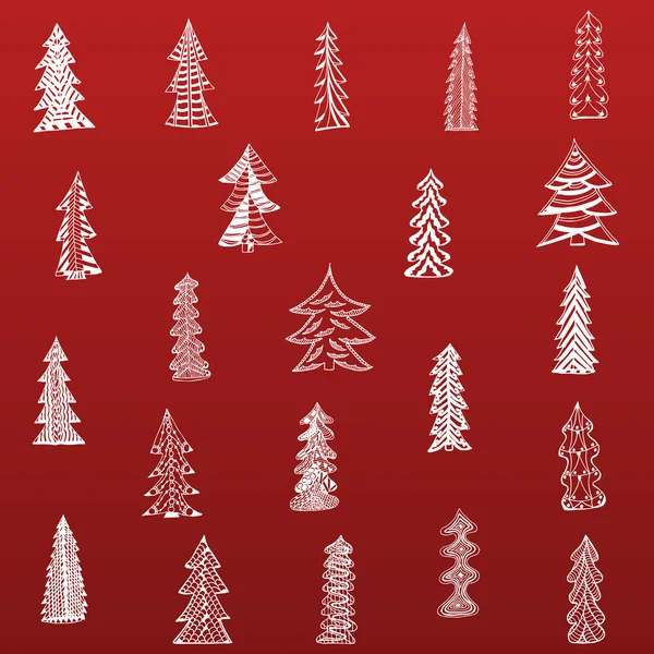 Juego de árbol de Navidad Doodle sobre fondo rojo — Vector de stock