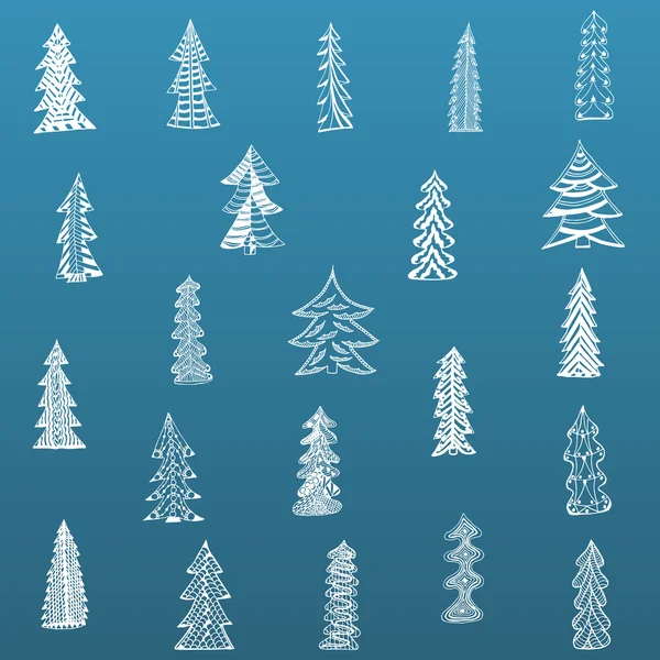 Juego de árbol de Navidad Doodle sobre fondo azul — Vector de stock