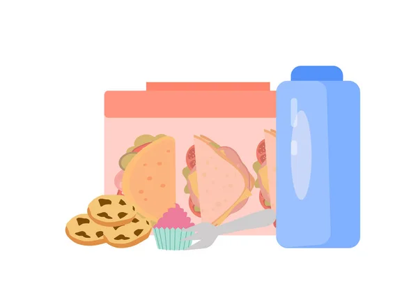 Kotak Makan Siang Kue Dan Botol Air Grafik Vektor - Stok Vektor