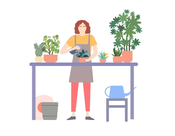 Meisje Zorgt Voor Planten Een Vector Graphics — Stockvector