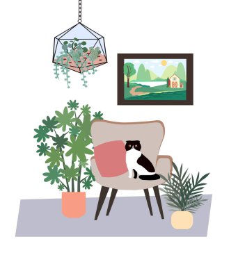 Kedi evde bir sandalyeye oturur, bir vektör çizelgesi.