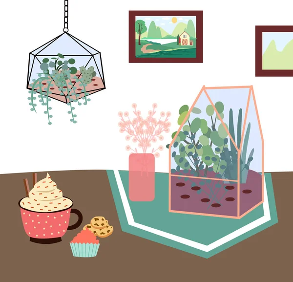 Sebuah Bunga Terrarium Kaca Dan Secangkir Kopi Grafik Vektor - Stok Vektor