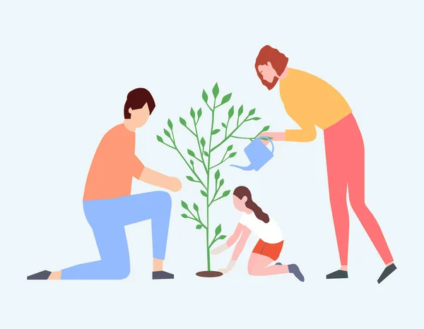 Eltern Helfen Kind Beim Pflanzen Von Baum Einem Vektordiagramm — Stockvektor