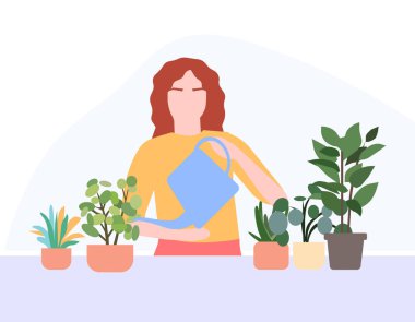 Kız beyaz arkaplana çiçekler koyar, bir vektör çizelgesi