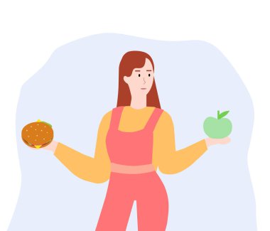 Kız hangi ürünü seçeceğini seçiyor, bir vektör çizelgesi.