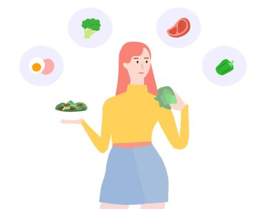 Kız beyaz arka planda salata yiyor, vektör grafikleri