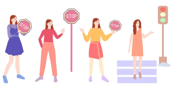 Symbolbild Mädchen Erzählt Von Verkehrszeichen Eine Vektorgrafik — Stockvektor