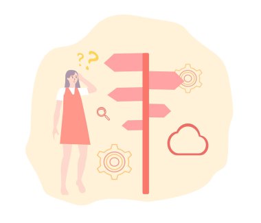 Kız hangi yönü seçeceğini merak ediyor, vektör grafikleri.