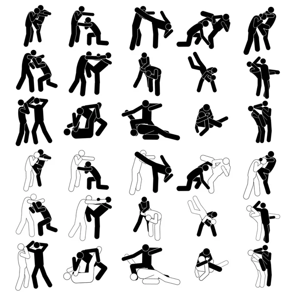 Fight Fighter Muay Thai Boxing Kick Punch Grab Throw People Icon Sign Symbol Pictogram. Muay Thai Boran martial art vector illustration collection — Stock Vector