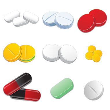 Beyaz arka plan üzerinde izole set vektör standart tabletler ve hap.