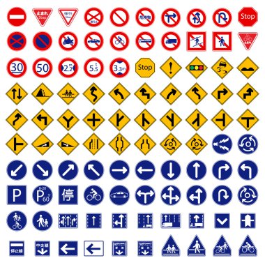 100 farklı son derece ayrıntılı ve tamamen düzenlenebilir vektör trafik yol koleksiyon oturum açın. Japonya trafik yol işareti koleksiyonu.