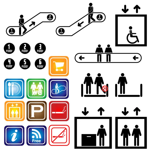 电梯。自动扶梯。标志。部。向量。插图。设置. — 图库矢量图片