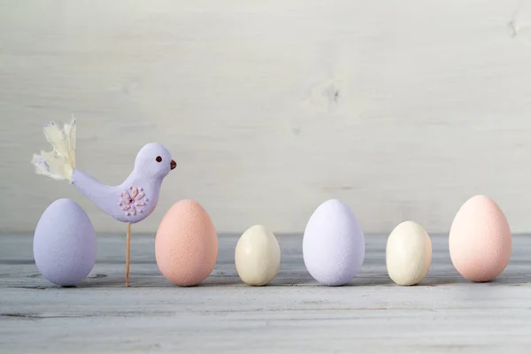 Huevos Color Pastel Pascua Una Fila Pájaro Púrpura Sobre Fondo —  Fotos de Stock