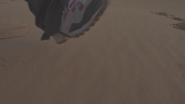 スローモーションで砂漠の砂の上を歩くトレッキングシューズ — ストック動画