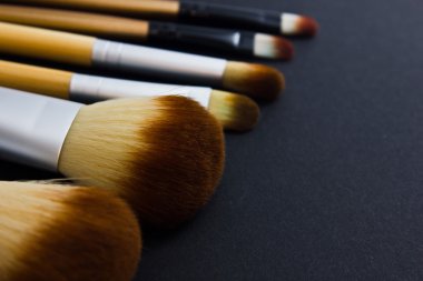 Siyah bir zemin üzerine profesyonel makyaj için fırçalar bir dizi.