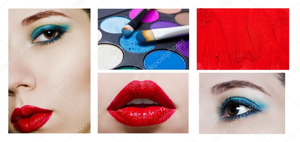 Collage with makeup products and close up portrait of beauty mod