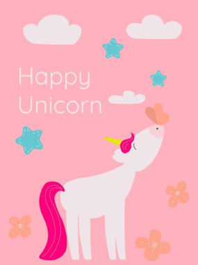 Burnunda kelebek olan beyaz şirin tek boynuzlu at pembe bir arka planda..