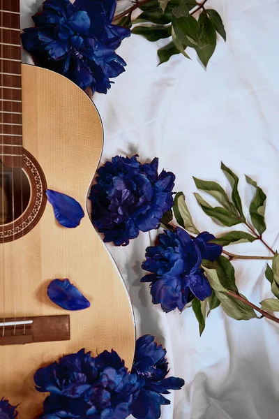 Akustik ahşap bir gitar mavi şakayıklarla çevrili beyaz bir çarşafın üzerinde yatar. Albüm kapağı, müzik konsepti, gitar çalma, romantik serenat