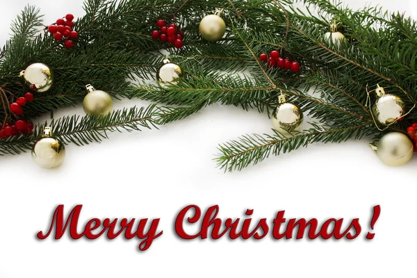 Elemento de marco de Navidad para el diseño de tarjetas de felicitación. Decoraciones con rama de árbol de Navidad y juguetes de Navidad aislados sobre fondo blanco. Marco de tarjeta de año nuevo . — Foto de Stock