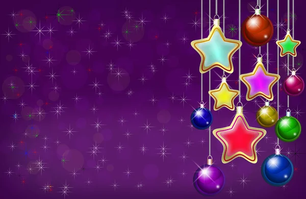 Nieuwjaar en Kerstmis achtergrond met ballen en sterren. Kleurrijke wenskaart frame in paarse kleuren. — Stockfoto